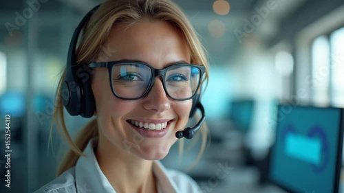 Smiling Woman Wearing Headset Working in Call Center