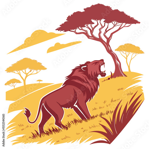 Majestic lion roaring in the african savanna landscape with trees and golden hues under the sky