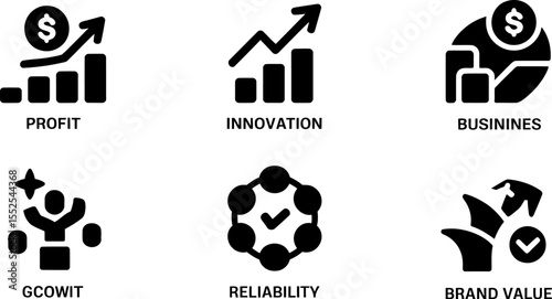 Business growth strategy icons set profit innovation reliability brand value and teamwork success concept editable stock vector illustration