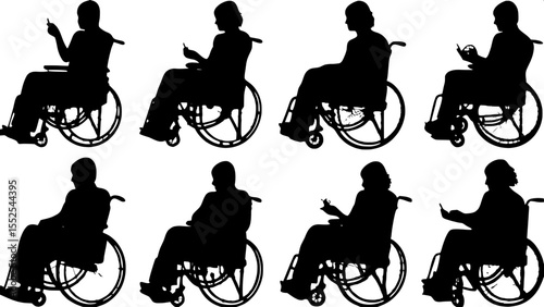 "Design a collection of symbolic black silhouettes in a grid layout, featuring individuals in wheelchairs participating in various activities such as socializing, making music, and sharing support. Ma