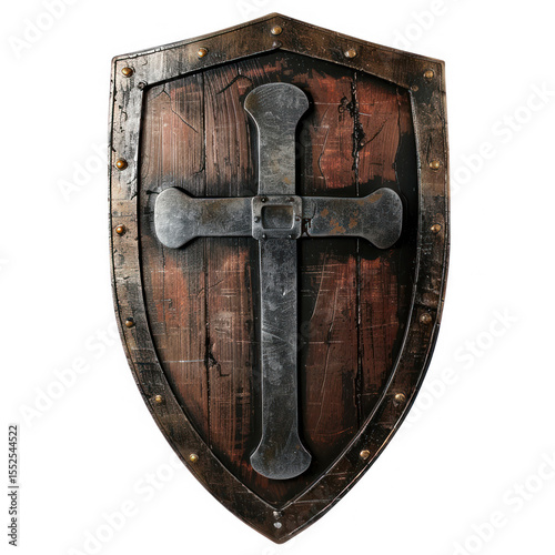 A medieval wooden shield with a cross on it, isolated on a transparent background