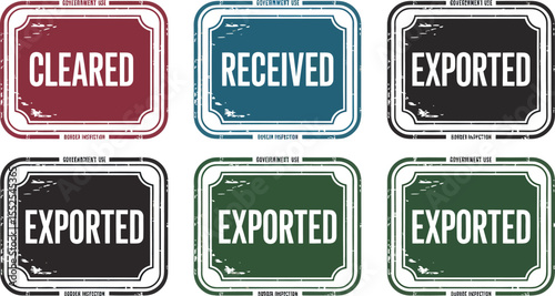 A set of grunge rubber stamps shows Exported, Received, Cleared vector illustration editable 