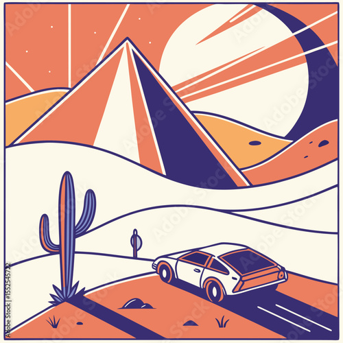 Retro style illustration of a desert road trip with a car passing by mountains and a cactus under sunset.