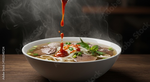Steaming Pho Bowl with Spicy Chili Oil Drizzle, Aromatic Herbs, and Tender Beef