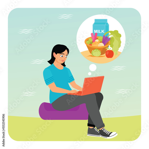 Woman Browsing Devices Using Laptop Thinking and Making Grocery Purchases Online.