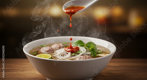 Steaming Pho Bowl with Spicy Chili Oil Drizzle