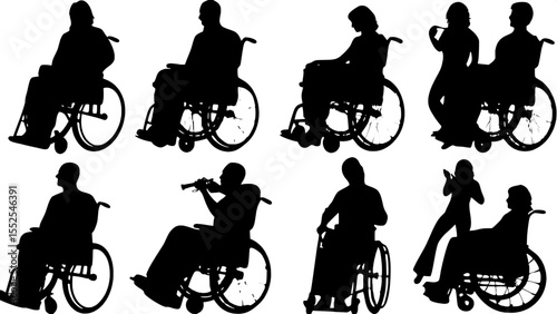 Create a grid of black-and-white silhouettes showing diverse men and women in wheelchairs engaging in everyday activities like celebrating, playing musical instruments, and helping each other. Use a s