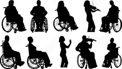 Create a grid of black-and-white silhouettes showing diverse men and women in wheelchairs engaging in everyday activities like celebrating, playing musical instruments, and helping each other. Use a s
