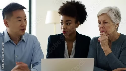 Diverse group of professionals collaborating on a laptop in a bright, modern office setting