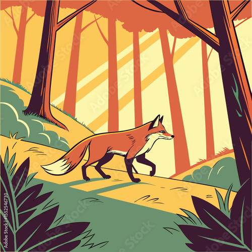 Stylized illustration of a fox walking through a colorful forest bathed in sunlight during the golden hour