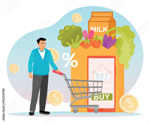Online Grocery Shopping with Man, Trolley, Groceries and Smartphone.