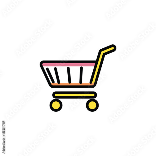 Shopping Cart Isolated on White, Outline Style with Black, Yellow, and Pink Colors
