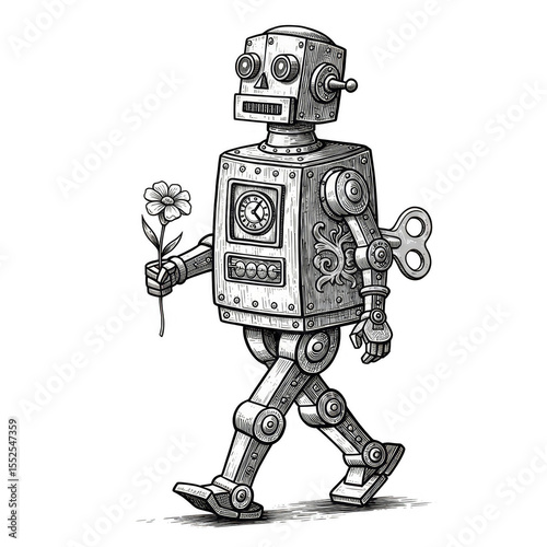 Vintage Robot Illustration Mechanical Toy Automaton with Transparent Background