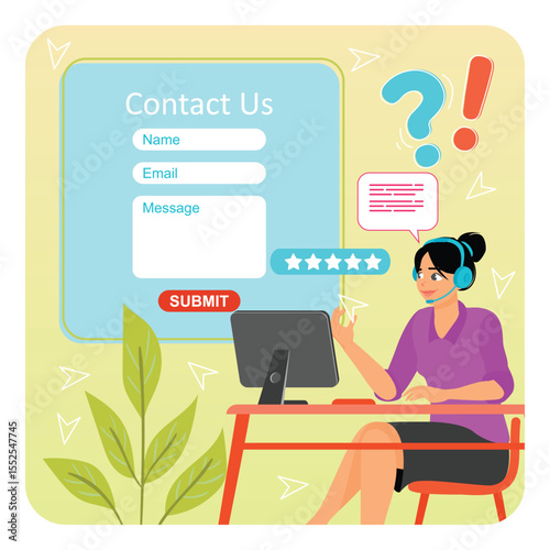 Customer Support Representative Using Computer with Contact Form on Screen.
