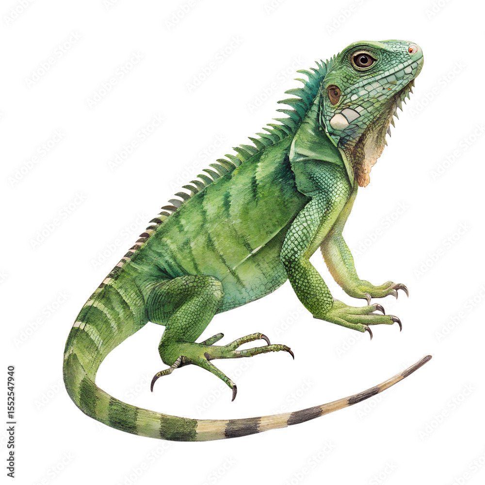 Obraz premium Detailed Green Iguana Watercolor Illustration on Transparent Background