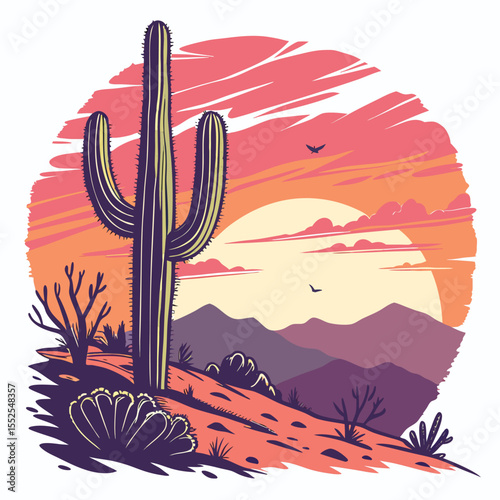Stylized sunset scene of a desert landscape with a saguaro cactus vibrant orange sky and mountainous terrain.