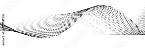 Dotted wavy line background. Black halftone undulate pattern. Curved dashed gradient design element for poser, banner, presentation, booklet. Abstract flowing particle