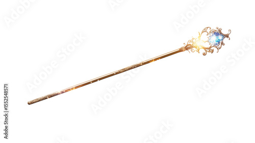 A golden magic staff with ornate details and a glowing blue gem on a transparent background image view