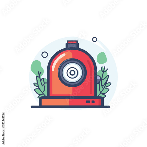 Stylized Red Humidifier Appliance Surrounded by Green Leaves Isolated on White