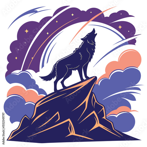 Vector illustration of a lone wolf howling under a starry night sky atop a rocky mountain