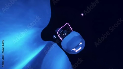 Abstract futuristic digital landscape featuring floating geometric shapes illuminated in blue and purple