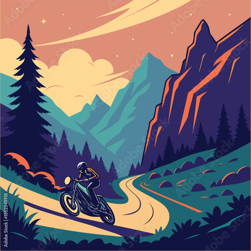 Vector illustration of a cyclist riding a bike on a mountain road surrounded by beautiful nature