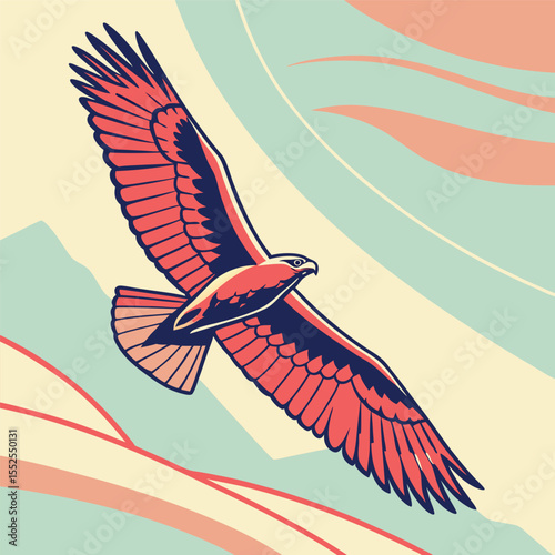 Vector illustration of a majestic eagle soaring through the sky with wings spread wide and mountains.