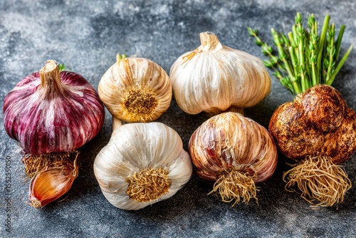 Variety of garlic bulbs on textured surface