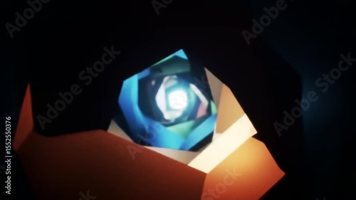 Abstract geometric shapes forming a spiral tunnel with a bright light source at the center