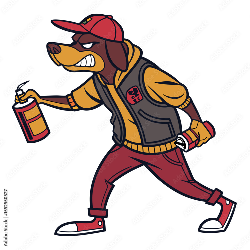 Obraz premium Dog character in varsity jacket with spray can