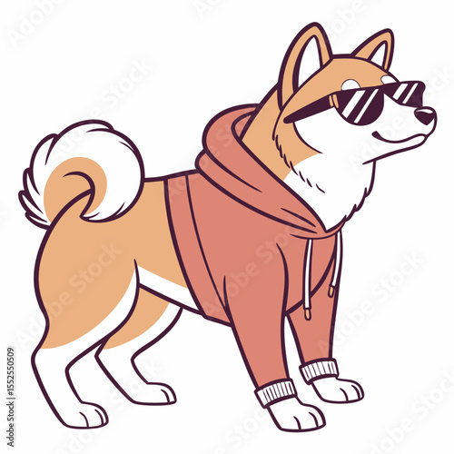 Stylish Shiba Inu dog in hoodie and sunglasses