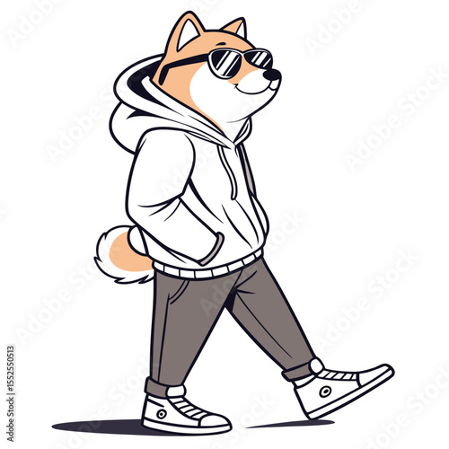 Shiba Inu dog walking casually in hoodie