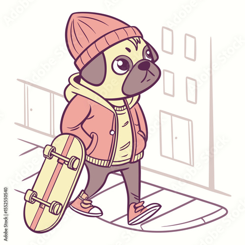 Skater pug dog in city hoodie