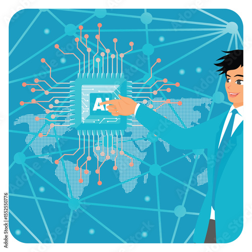 Visionary Points to AI Icon on World Map, Symbolizing Utilization of AI in Global Business.