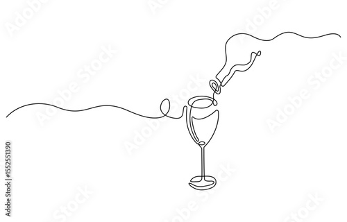 Bottle of wine with wineglass and grape bunch in continuous line art drawing style. Minimalist black linear sketch isolated on white background. Vector illustration
