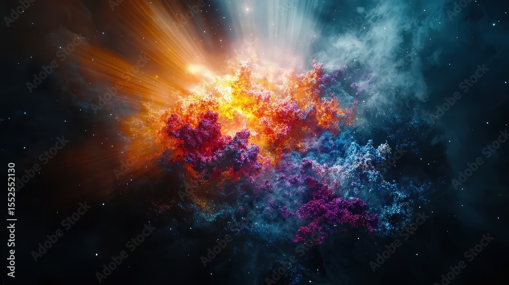 Fototapeta premium Burst of light in dark space with rays emanating cosmic nebula digital art dramatic universe abstract view illumination