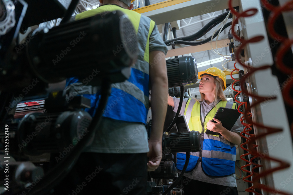Fototapeta premium A young female warehouse worker checks and counting cardboard boxes in the warehouse using a laptop