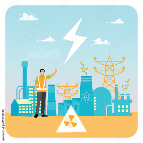 Nuclear Energy. Engineer Supervising a Power Plant with Renewable Energy Elements.