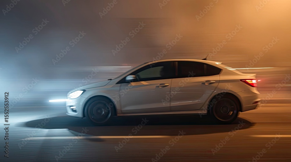 Fototapeta premium A photograph showcasing a car moving rapidly, with visible motion blur, highlighted by intense directional lighting and contrasted by a soft, diffuse light source. Hazy atmosphere