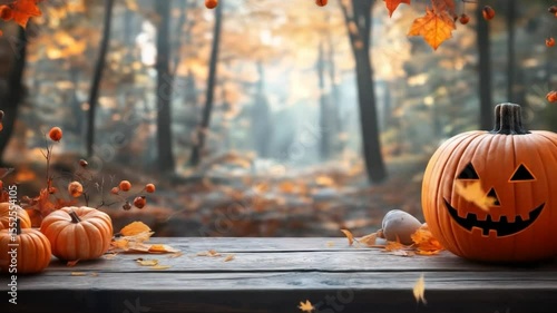 Enchanting Halloween Scene: Carved pumpkins and autumn foliage create a spooky yet inviting atmosphere against the backdrop of a mystical forest, embodying the essence of the season.