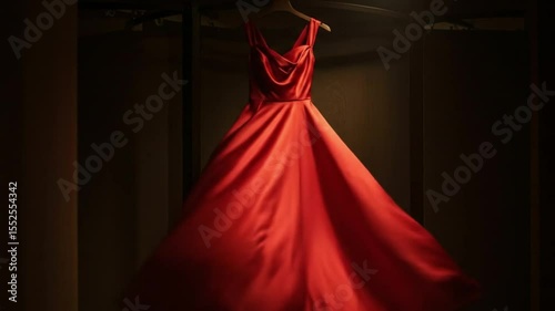 Scarlet gown hangs in dim closet