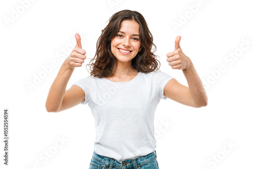 Smiling young woman showing double thumbs up gesture isolated on transparent background