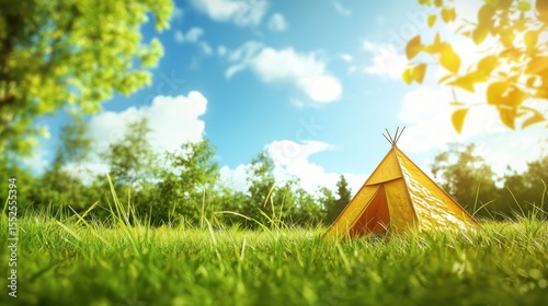A yellow tent pitched in a lush green meadow under a clear blue sky with scattered clouds.