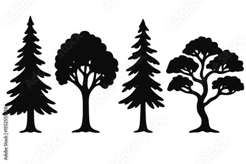 Set of 4 Oregon Tree Silhouettes Vector Collection – Black Line Art on Transparent Background