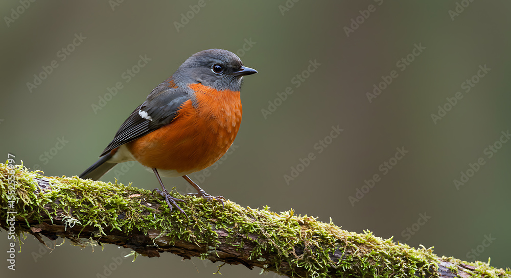 Fototapeta premium Orange Grey Bird Perched Branch Moss Forest Nature Wildlife