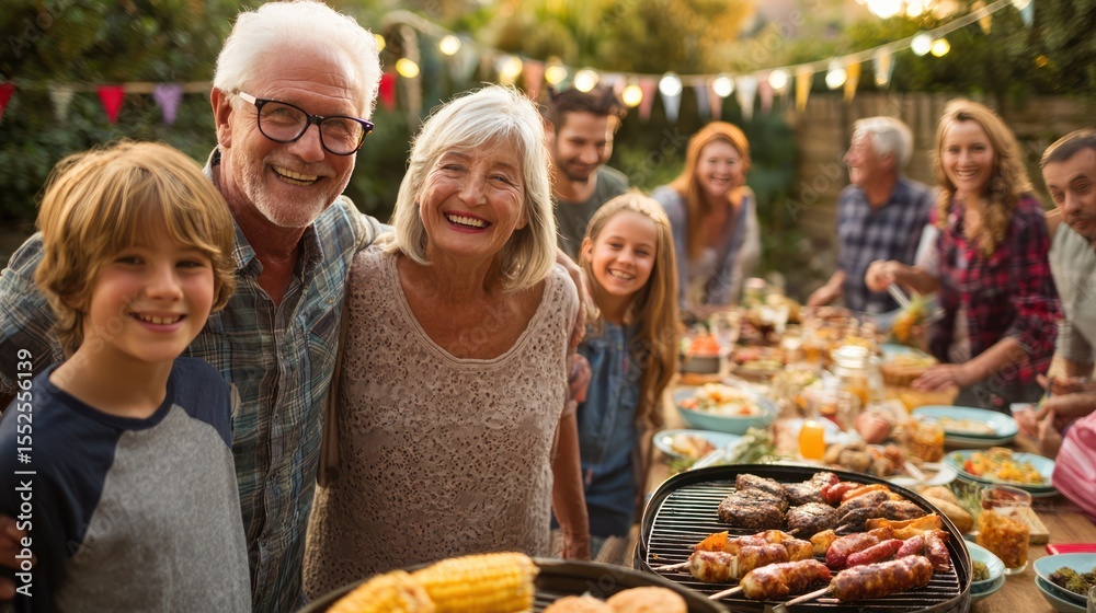 Fototapeta premium Grandparents, parents, and children having barbecue in backyard, multigenerational family smiling, fun weekend gathering