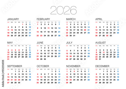 2026年の日曜始まりの年間カレンダーです。横位置