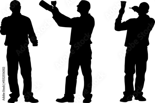 “Three male silhouettes in bartending positions, each performing a different action with tools of the trade: bottle, shaker, glass. Full-body front-angle perspective slightly above eye level. Uniform 