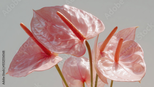 Pink anthurium flowers blooming with elegance on gray background