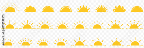 Yellow sun icons set, sunshine and solar glow, sunrise or sunset. Decorative circle full and half suns and sunlight collection. Hot solar energy for tan on Transparent Background. EPS 10.